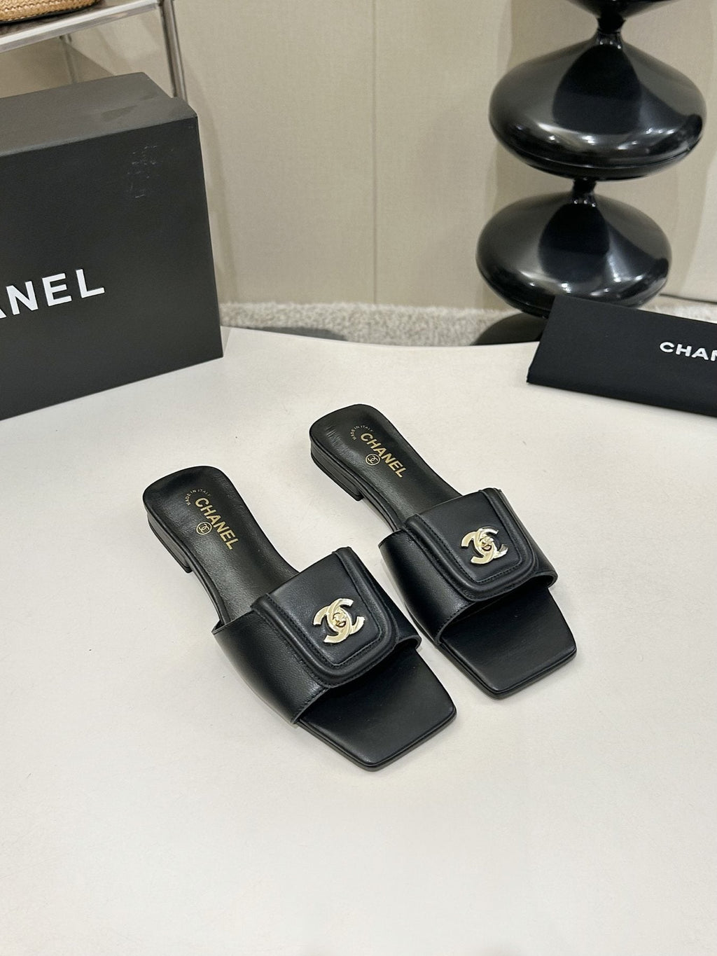Chanel Square-Toe Leather Slide Sandals