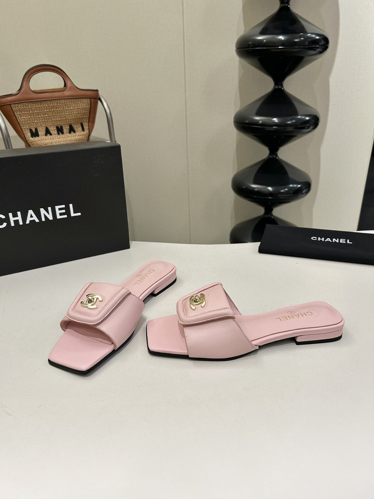 Chanel Square-Toe Leather Slide Sandals