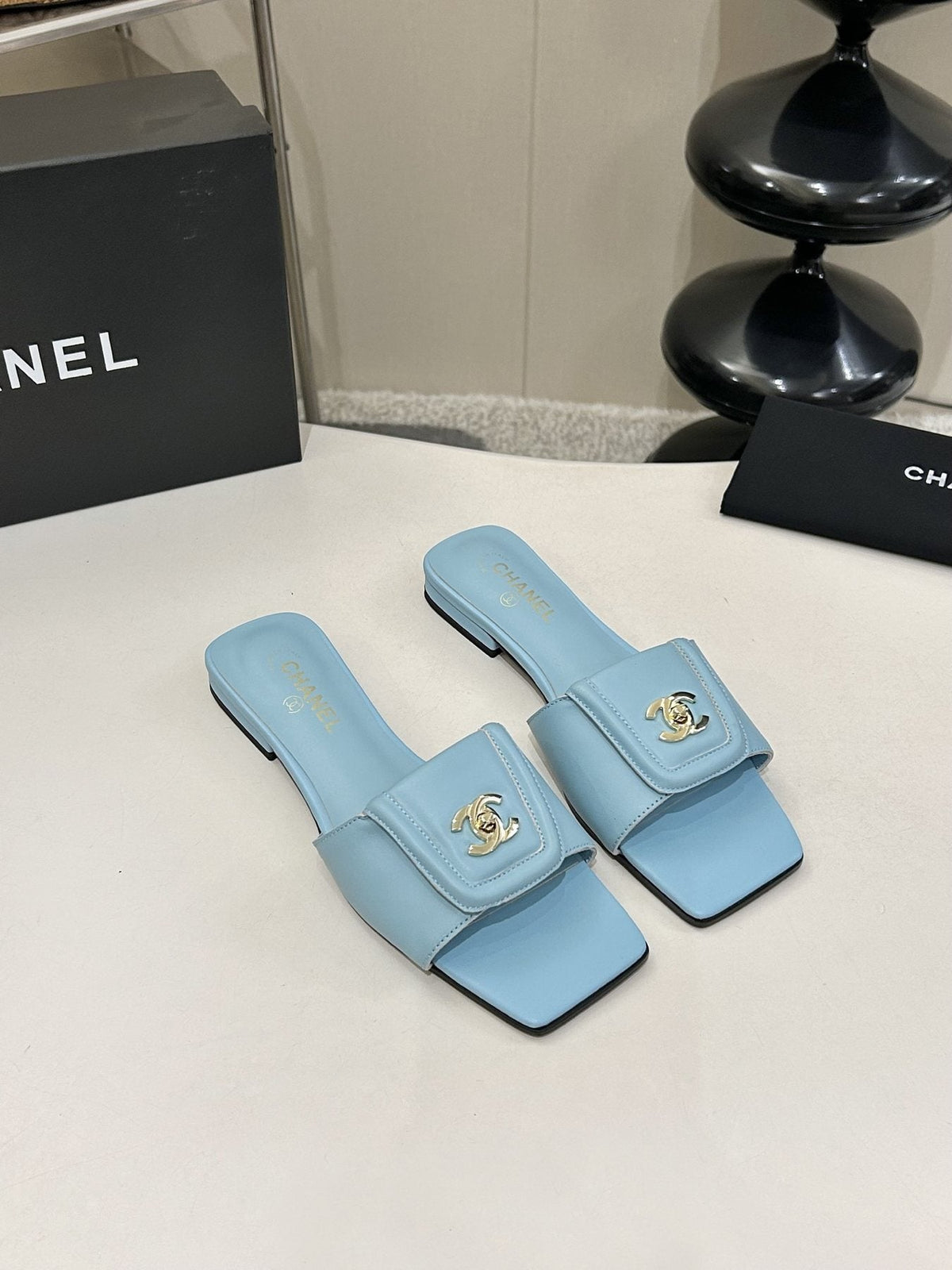 Chanel Square-Toe Leather Slide Sandals