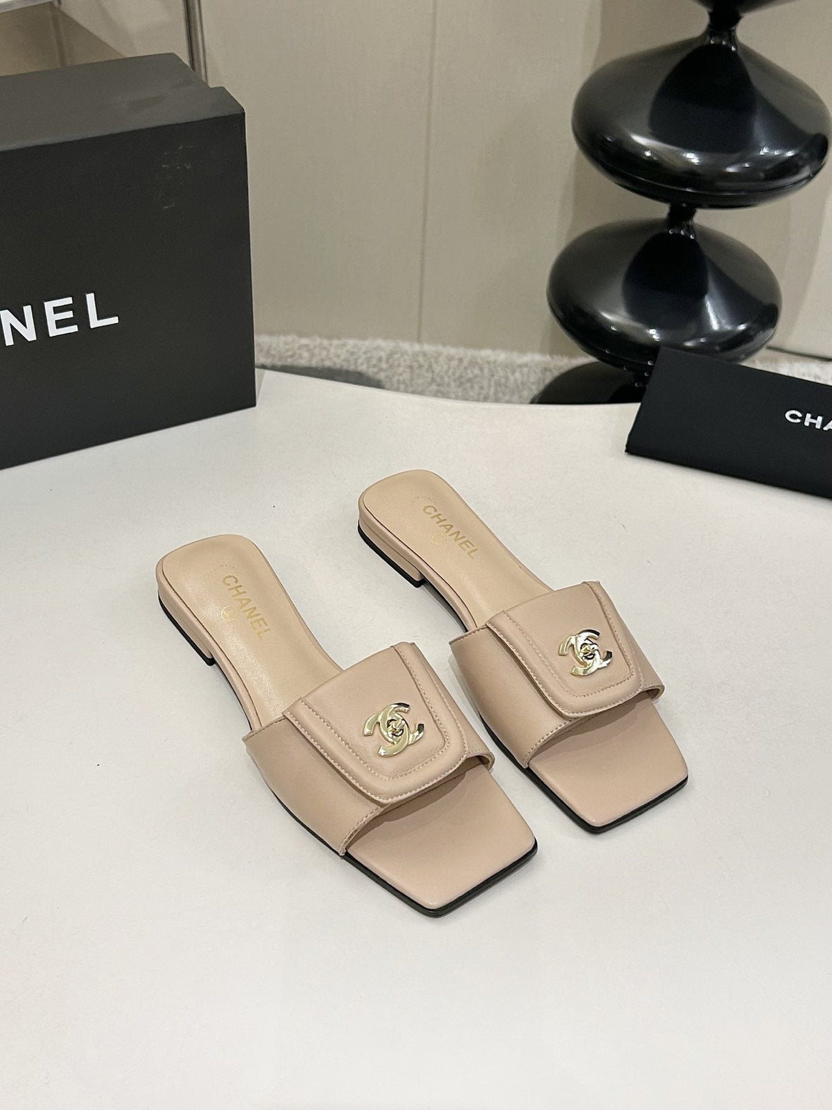 Chanel Square-Toe Leather Slide Sandals