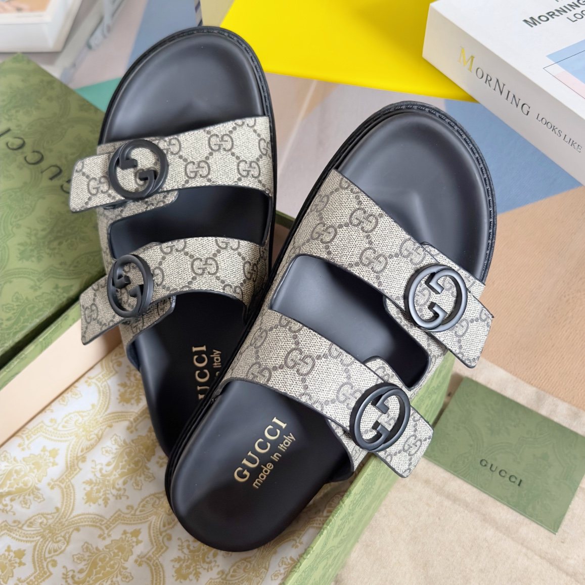 Gucci Beige Monogram Slide Sandals