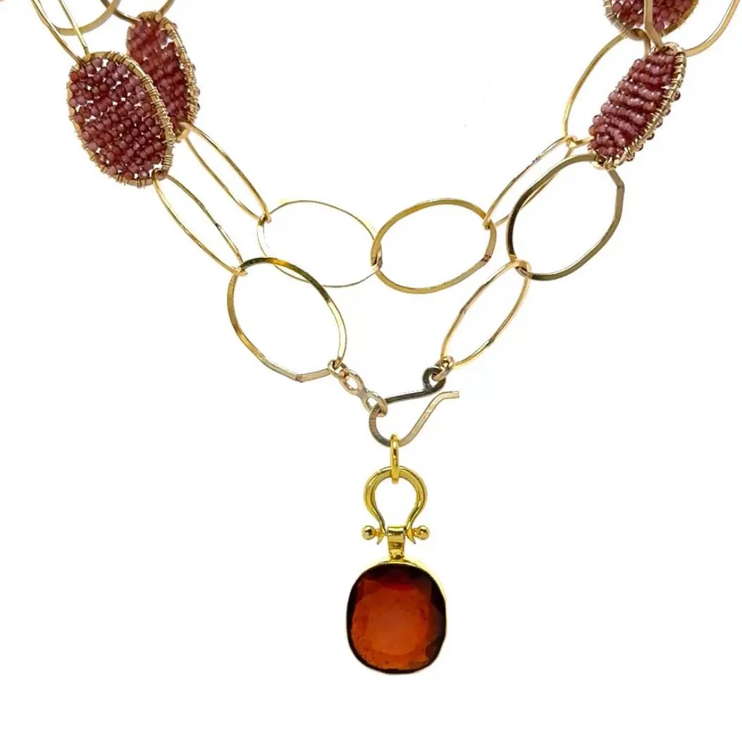 Garnet Woven Link Necklace with Pendant