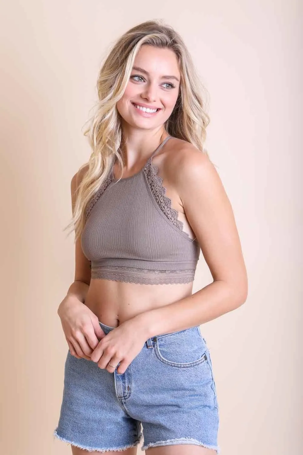 High Neck Crochet Trim Bralette - 4 colors