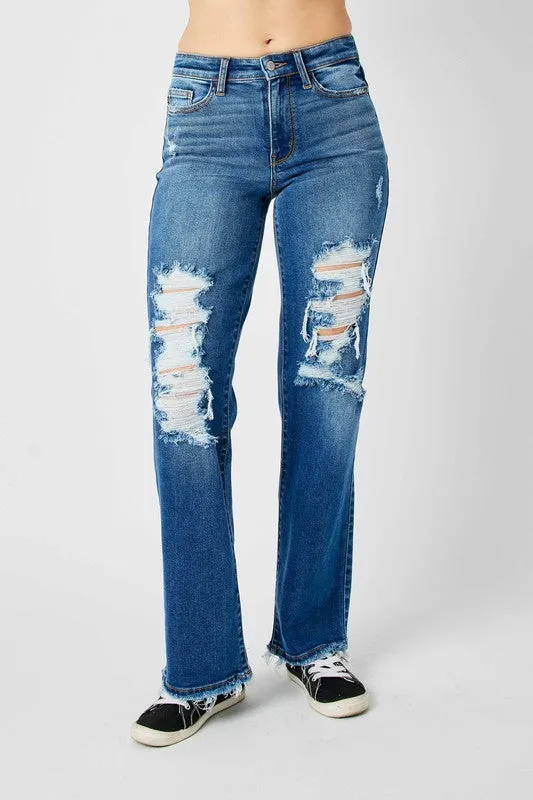 Judy Blue Full Size Mid Rise Distressed Raw Hem Jeans