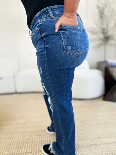 Judy Blue Full Size Mid Rise Distressed Raw Hem Jeans