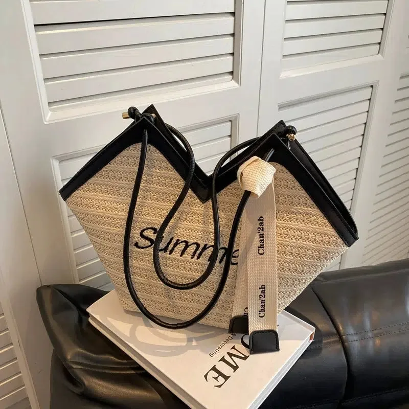 Letter Embroidery Woven Handbag