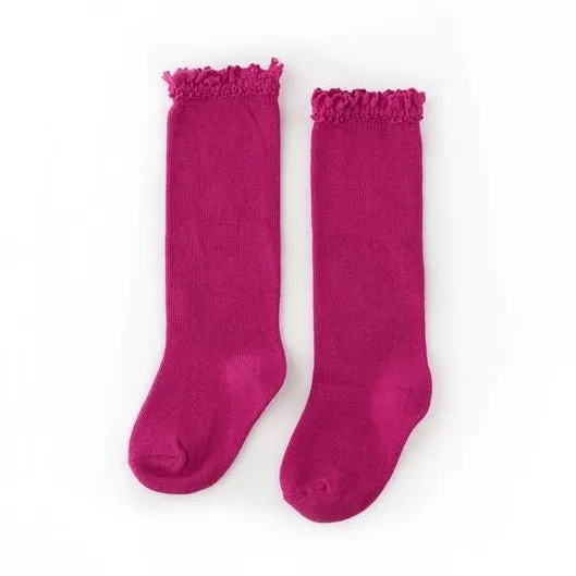 Little Stocking Co Lace Top Knee High Socks - Raspberry